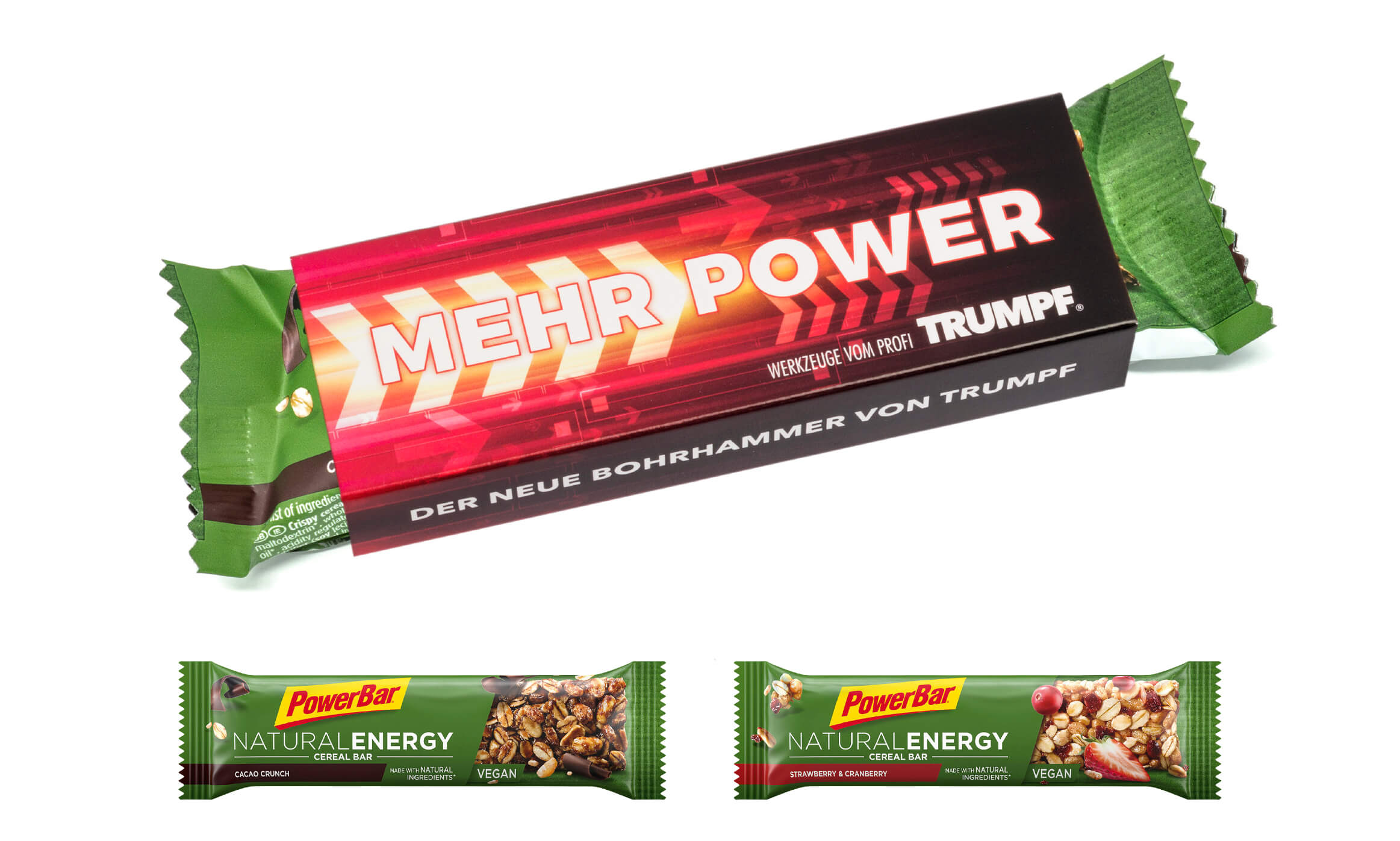 Mit einem Give Away als Werbegeschenk wie Powerbar Energy Riegel im Werbeschuber schenkt man Freude.