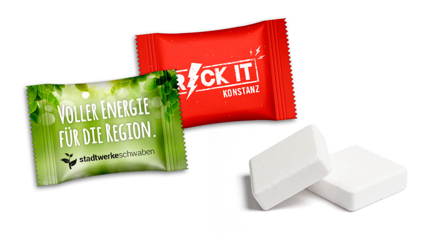 Traubenzuckerwürfel im Flowpack Mit einem Give Away als Werbegeschenk wie Traubenzuckerwürfel im Flowpack schenkt man Freude.