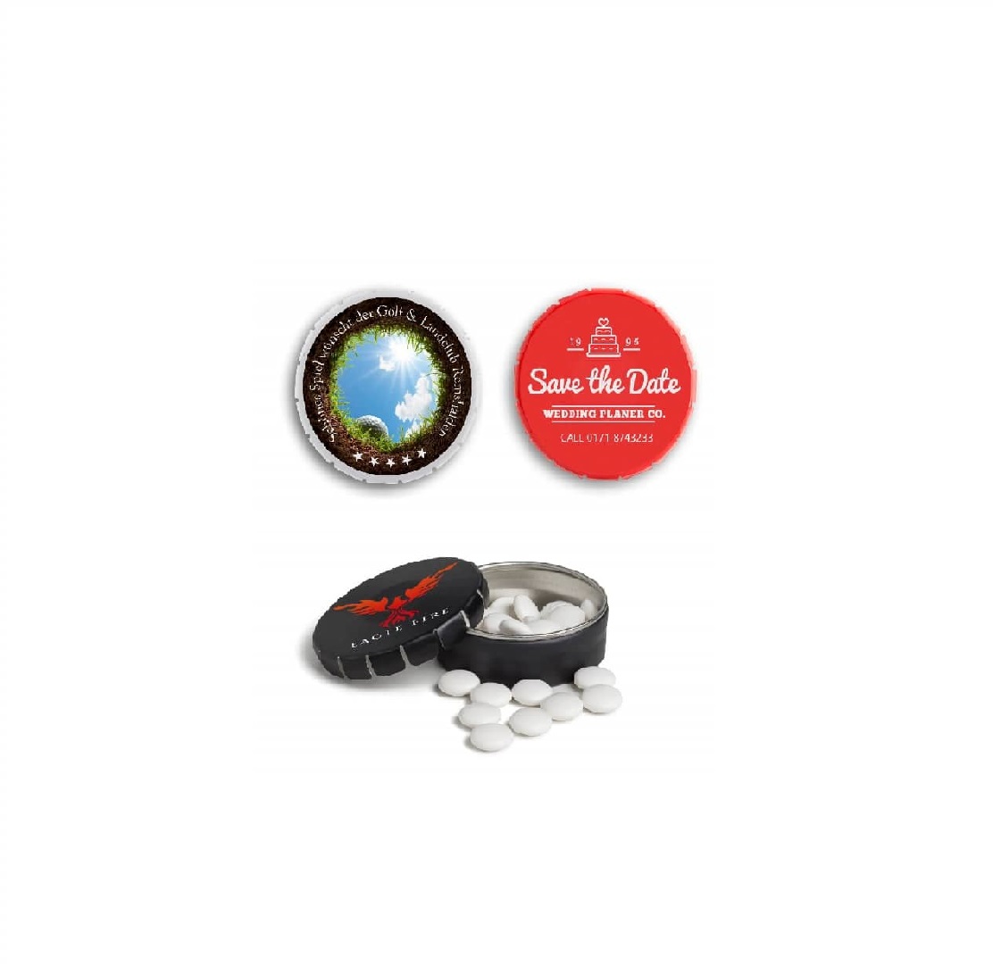 Pfefferminzbonbons in roter und schwarzer Blechdose Pfefferminz Give Aways