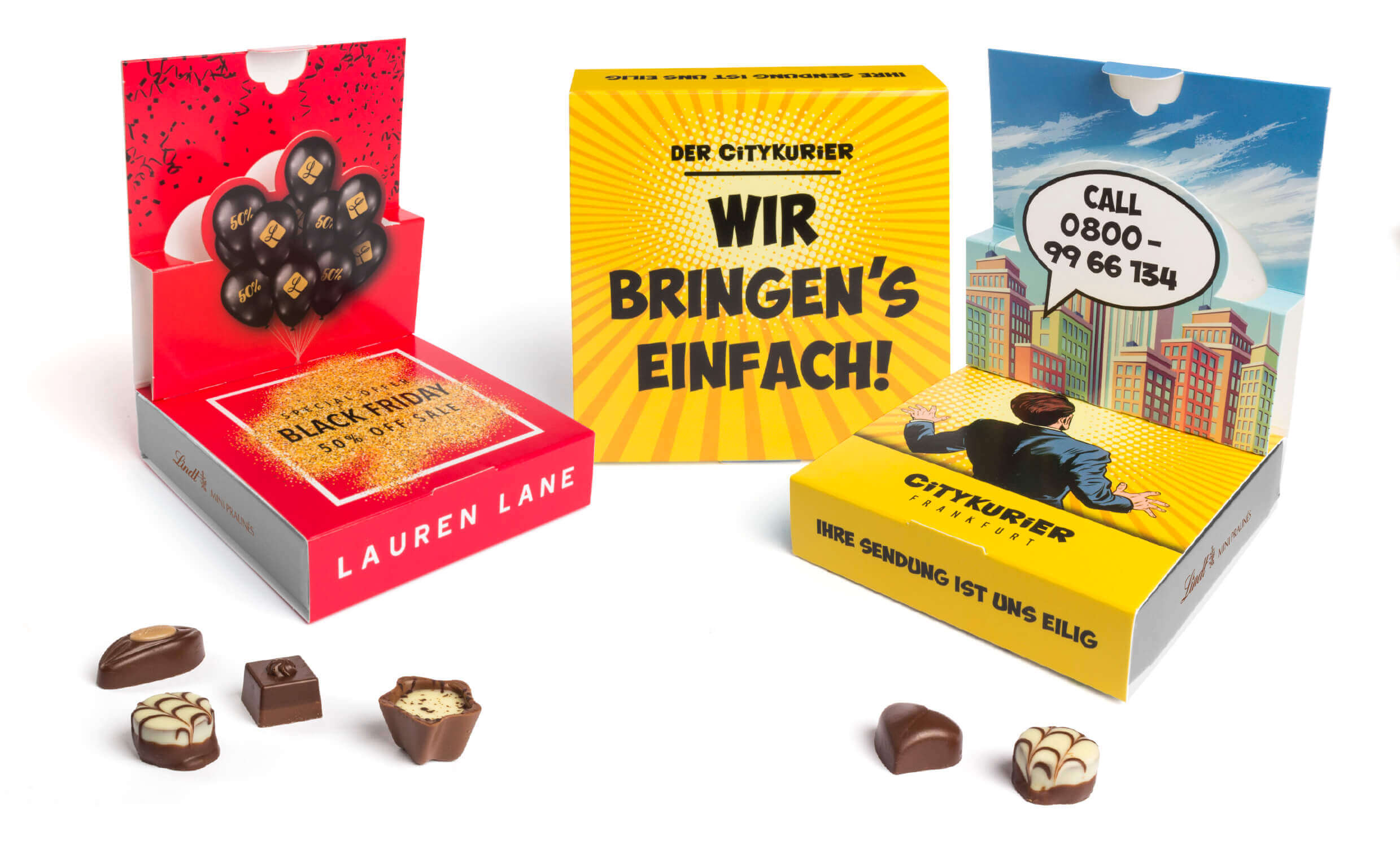 Lindt Mini Pralinés in Pop-Up Kartonage Mit einem Give Away als Werbegeschenk wie Lindt Mini Pralinés in Pop-Up Kartonage schenkt man Freude.