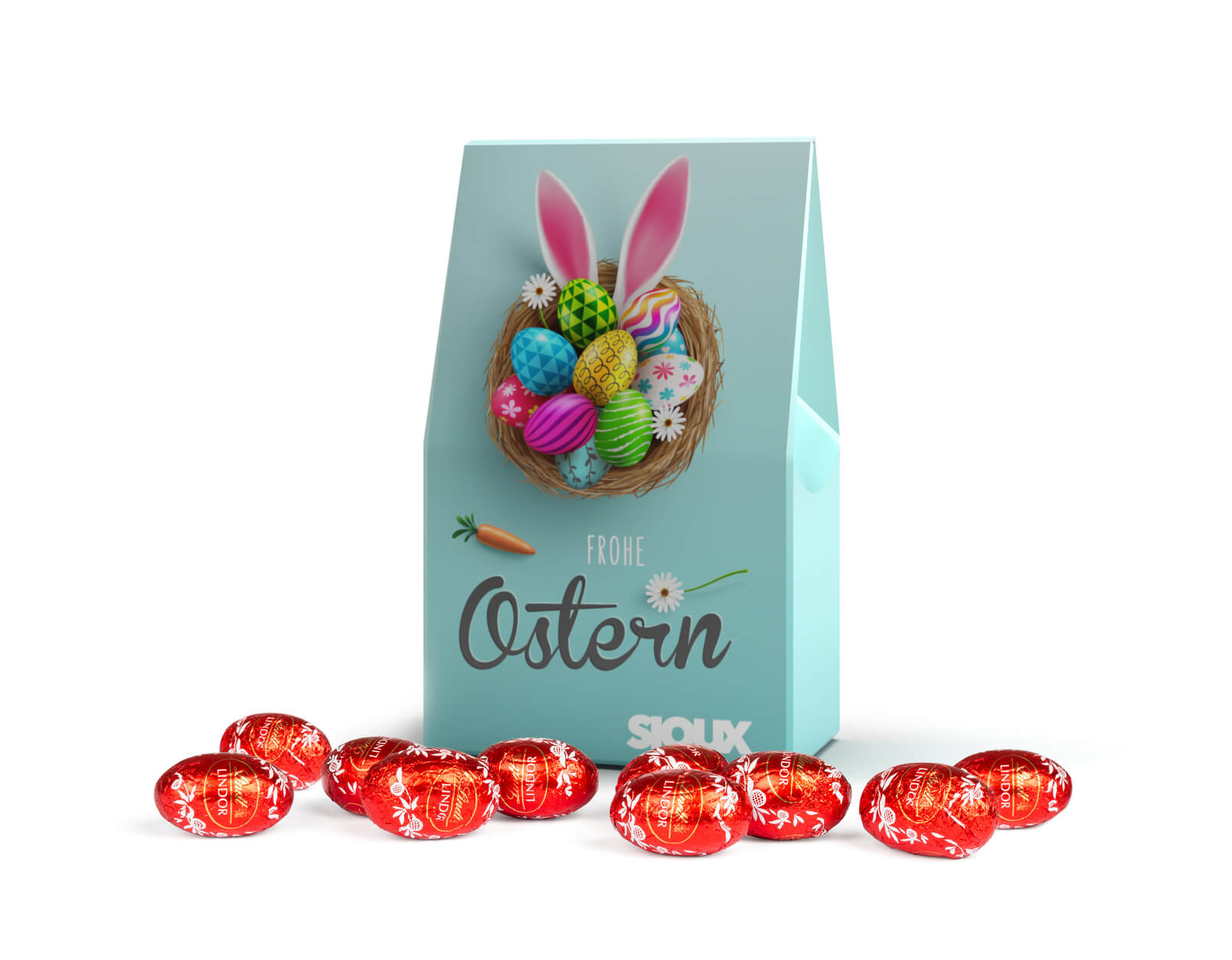 Lindt Lindor Ostereier in Standboden-Kartonage Mit einem Give Away als Werbegeschenk wie Lindt Lindor Ostereier in Standboden-Kartonage schenkt man Freude.
