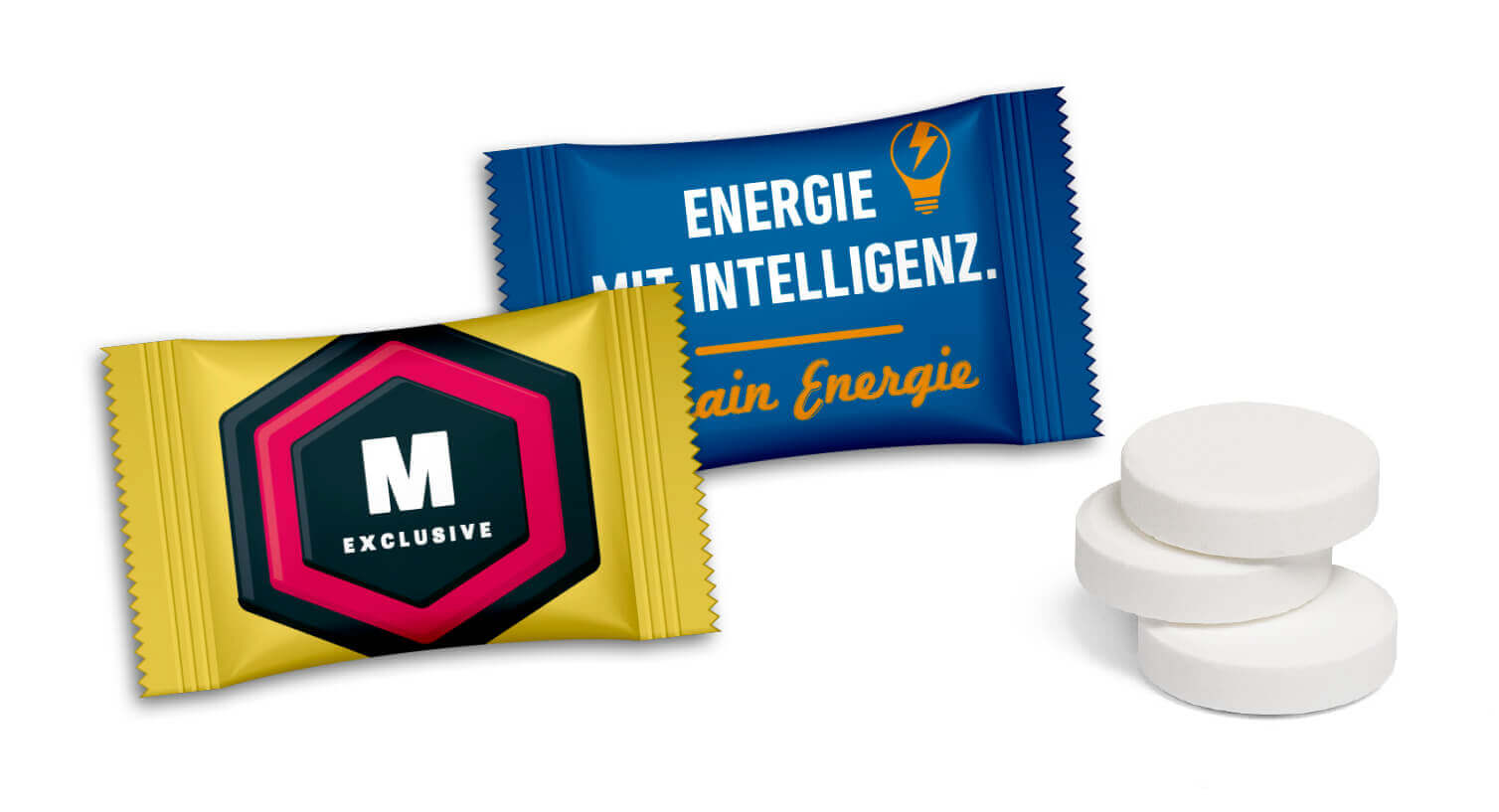 Traubenzuckertabletten im Flowpack Mit einem Give Away als Werbegeschenk wie Traubenzuckertabletten im Flowpack schenkt man Freude.